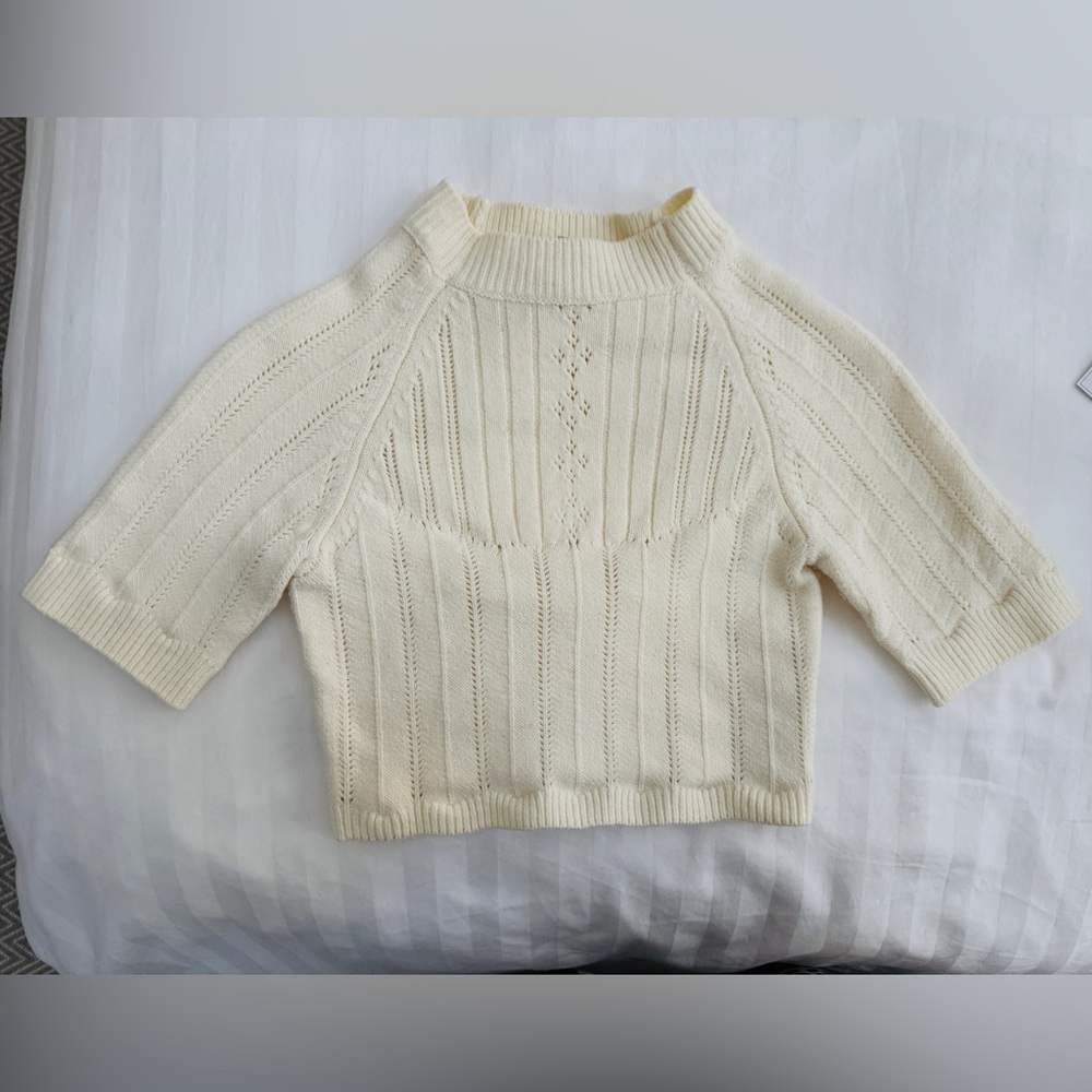 Free People Cream Ivory Cable Knit Open Back Cropped Short Sleeve Sweater Small